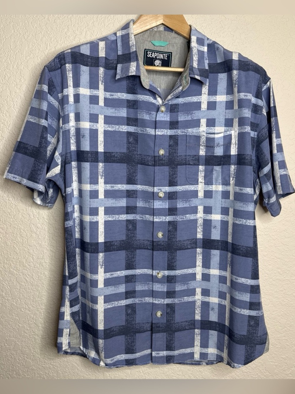 Seapointe Blue Plaid Modal Short Sleeve Camp Shirt | Men's Size L